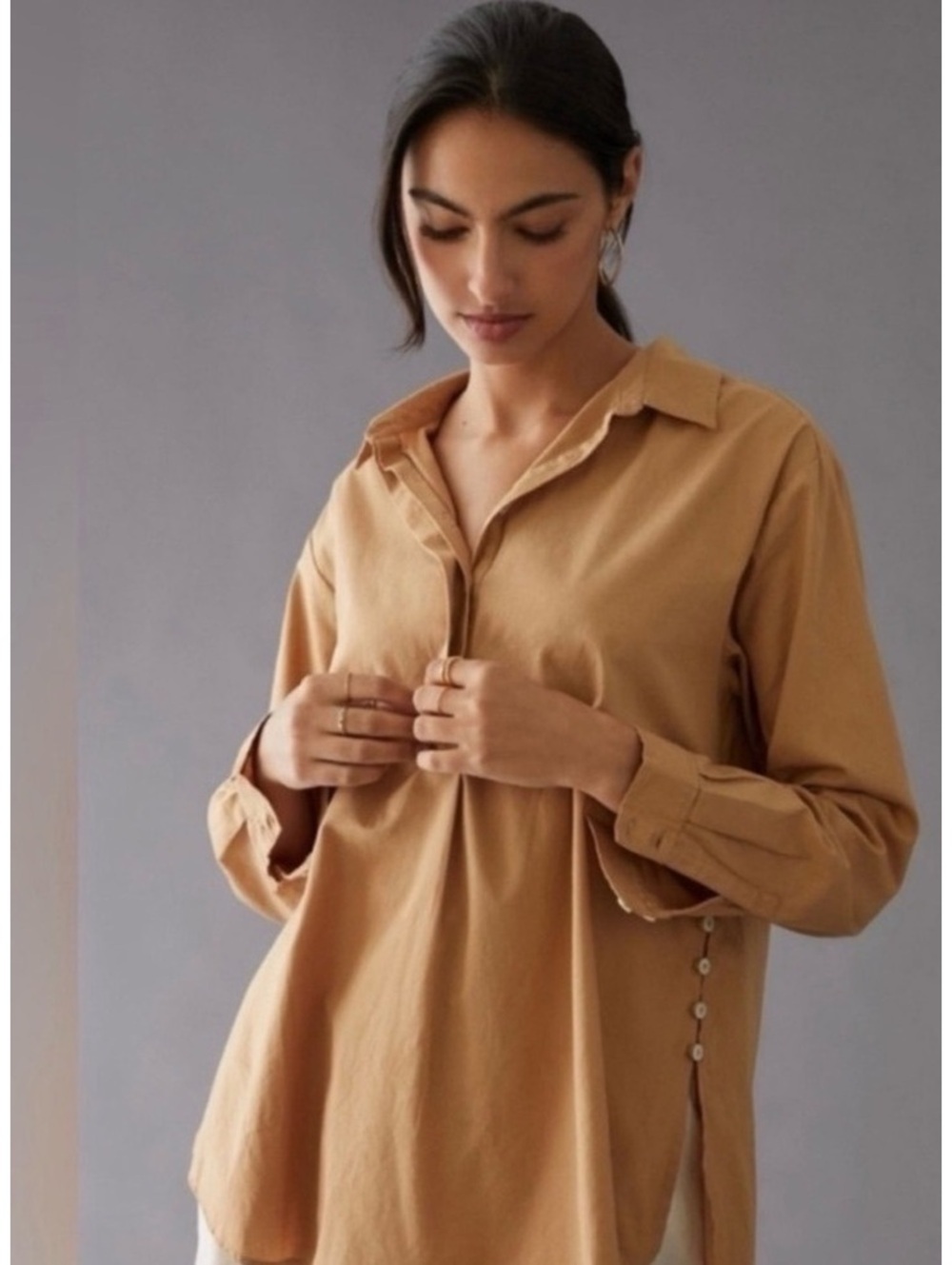 Anthropologie Camel Popover Collared Cotton Poplin top with side buttons M